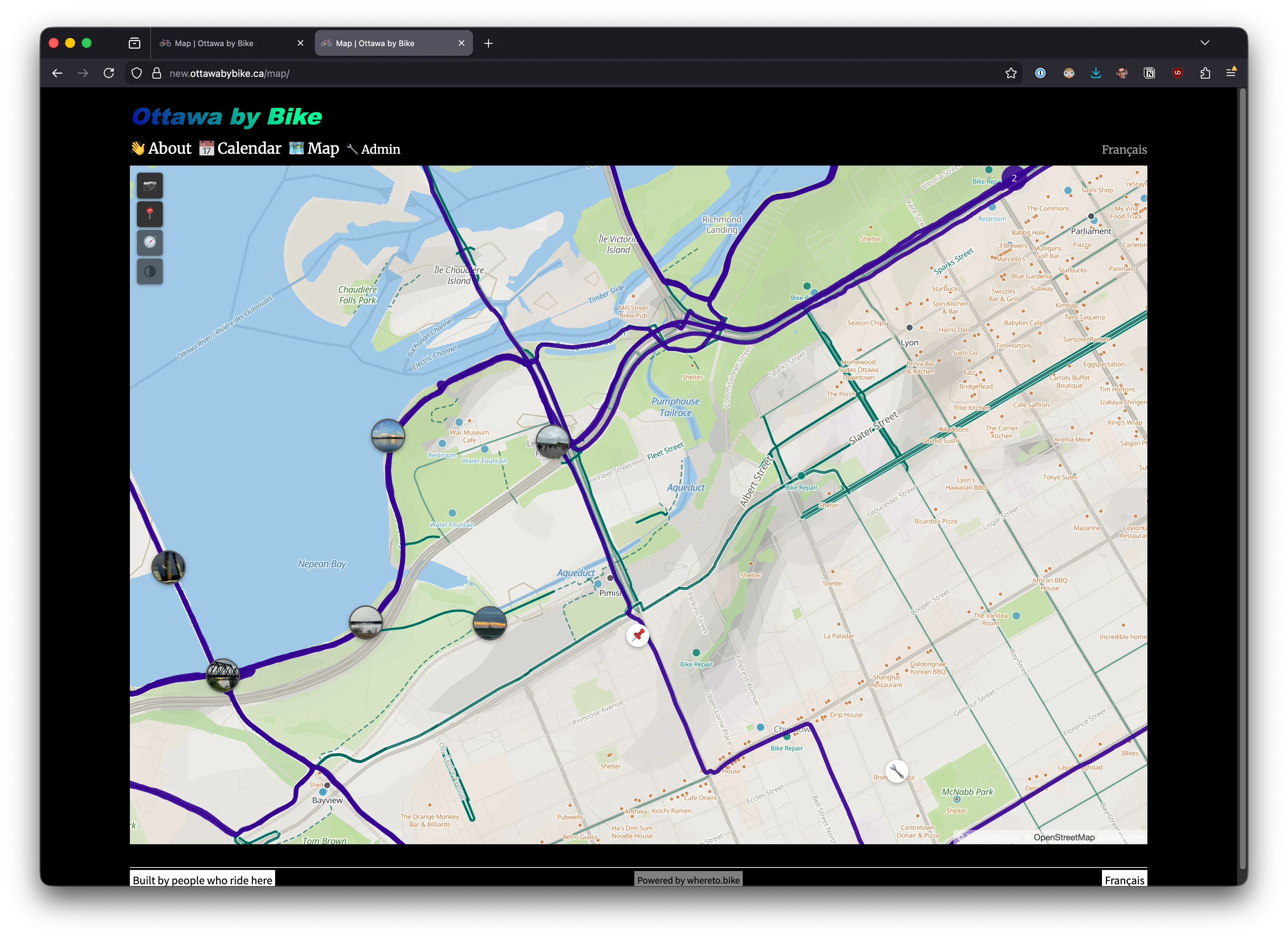 Downtown Ottawa on the custom map — teal cycling paths along the canal and through the islands are the first thing you see