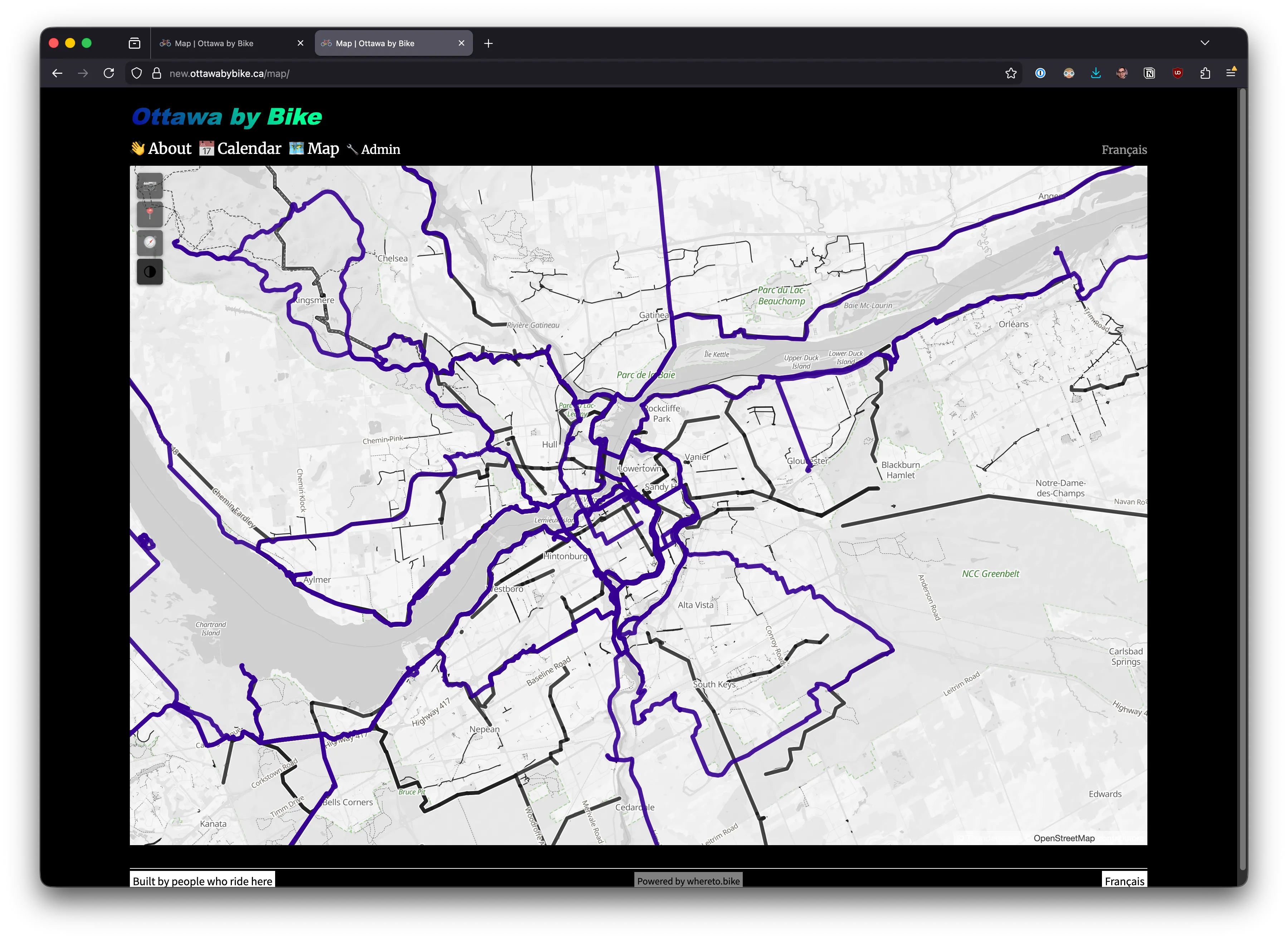 The high-contrast variant — Ottawa's cycling network rendered in bold black lines on a clean white base, like a poster print