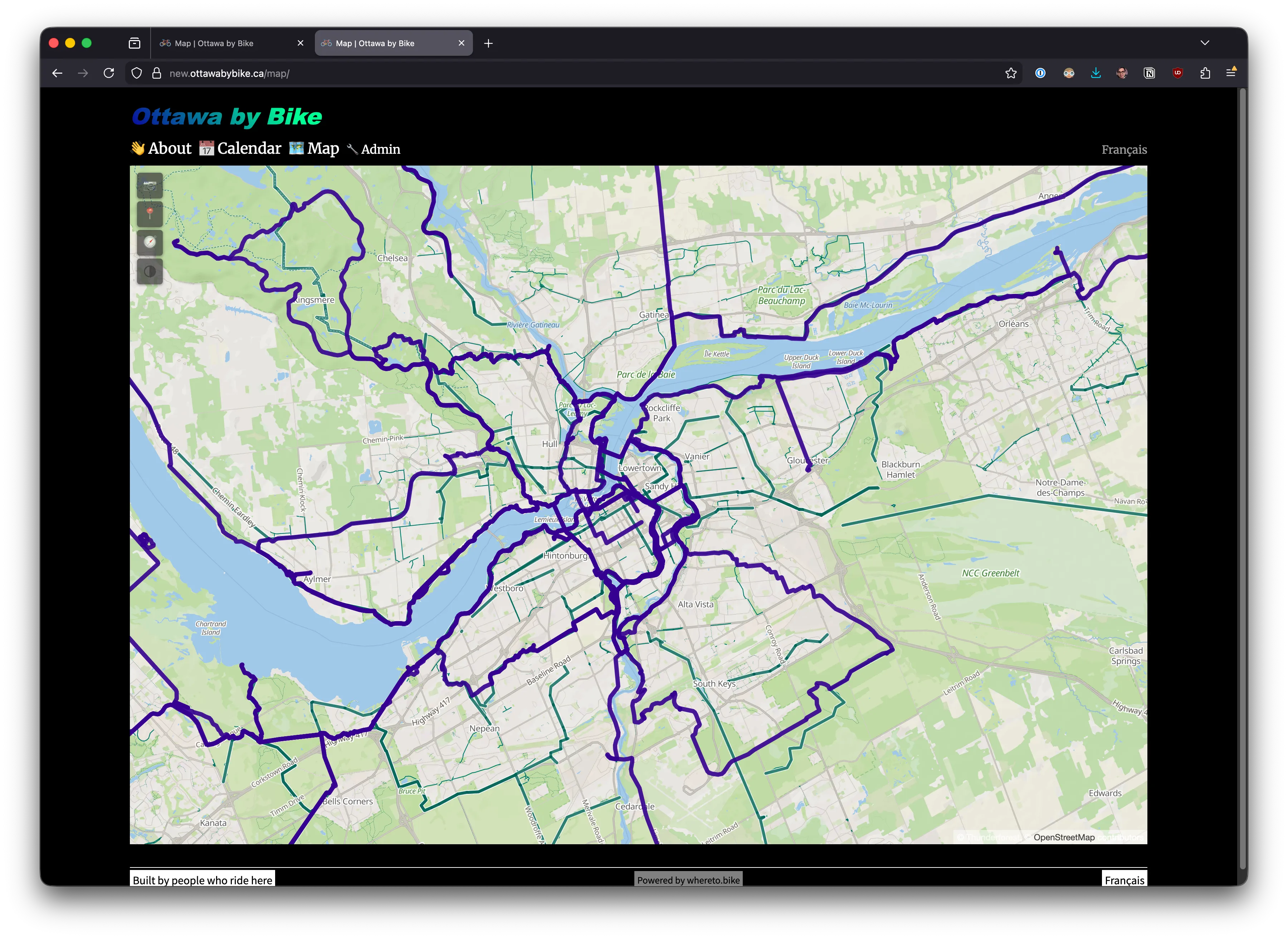 The Ottawa region zoomed out — the cycling network reads as a connected teal web across the landscape
