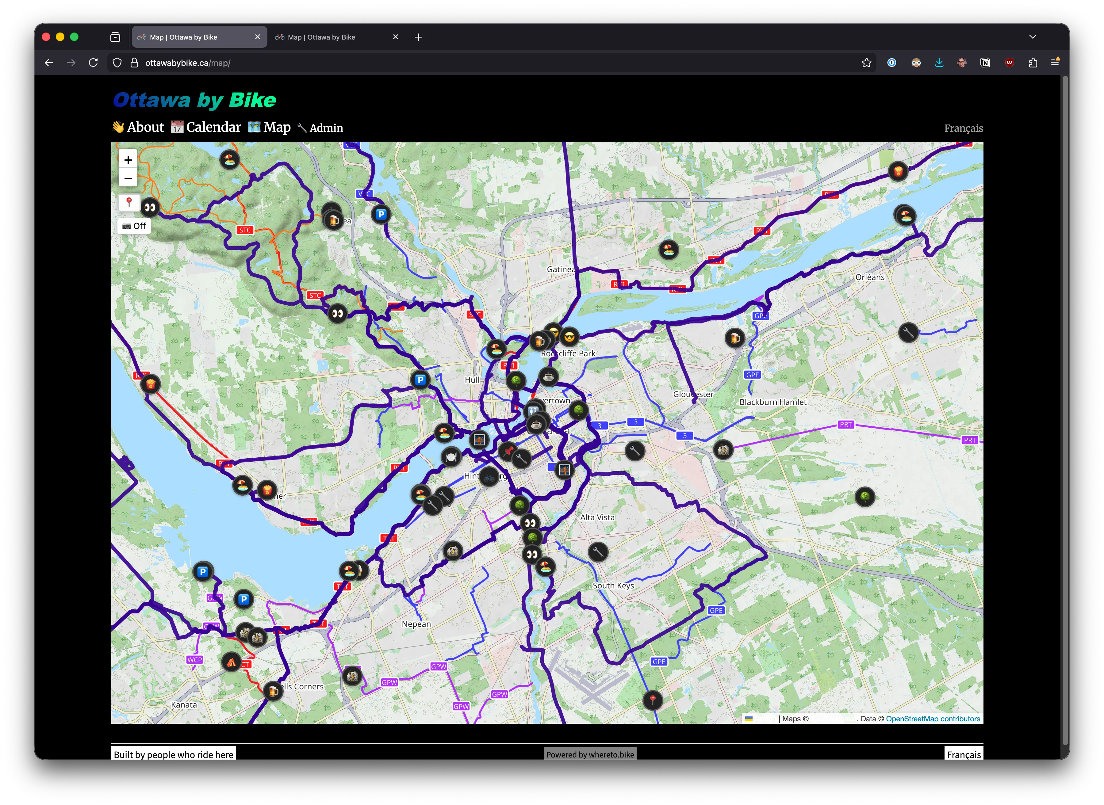 The same region on standard tiles — route lines and POI markers compete with the busy base map