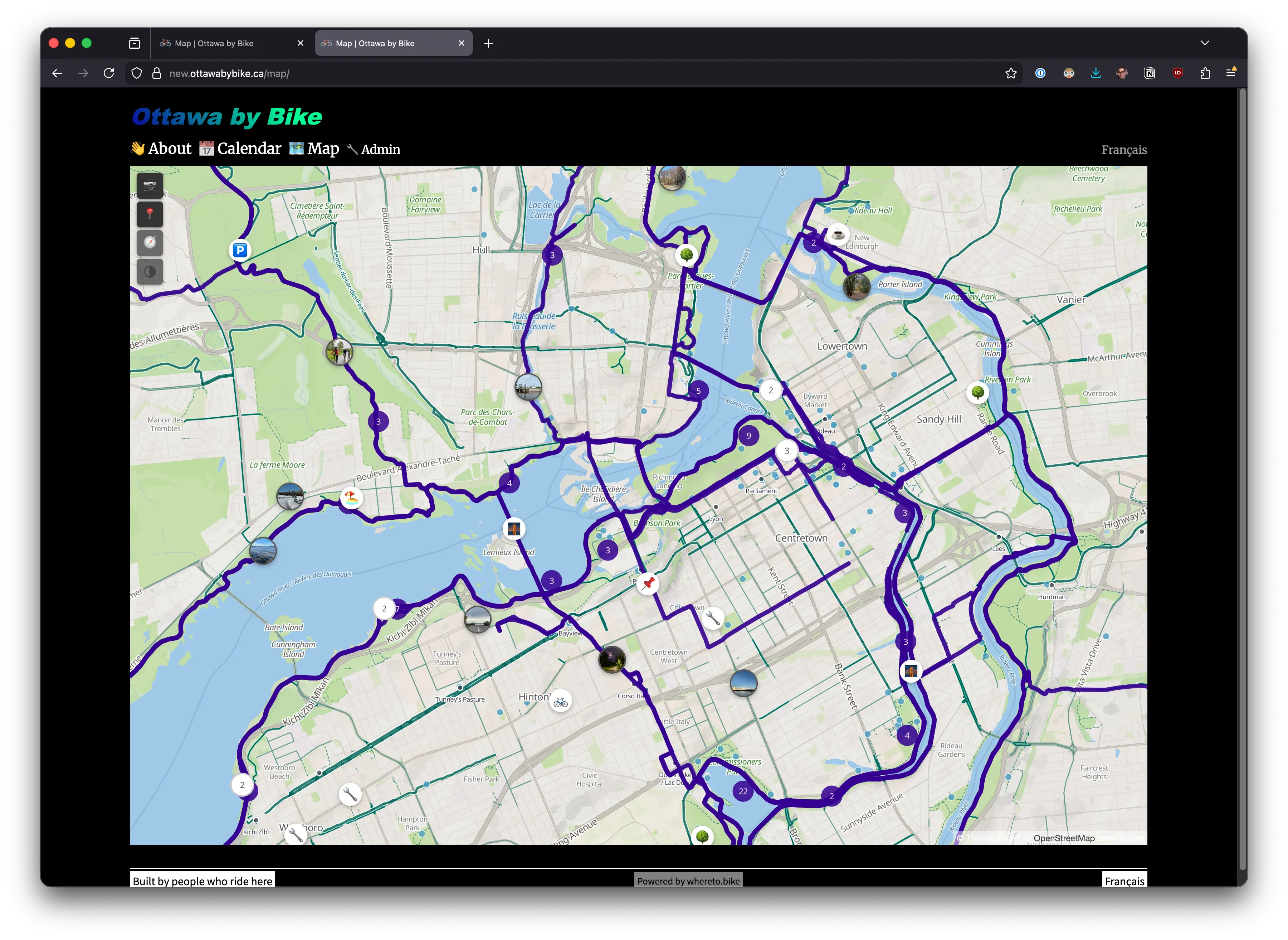 Ottawa's central cycling network on the custom map — teal paths along the river and through parks stand out clearly against pale roads and soft green spaces
