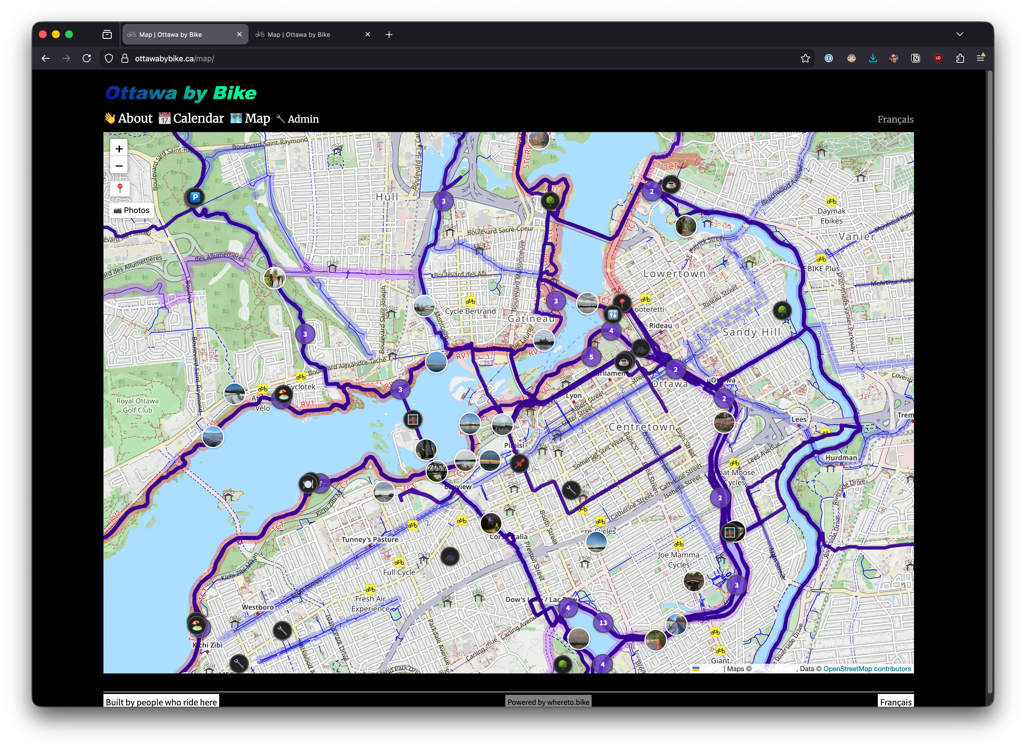 The same area on standard map tiles — cycling paths are thin blue lines lost among roads, labels, and land use colours